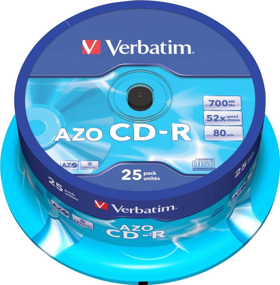Verbatim Azo CD-R 25er-Pack mit 700 MB Kapazität, 52-facher Geschwindigkeit und 80-minütiger Spielzeit, in blauer Verpackung präsentiert.