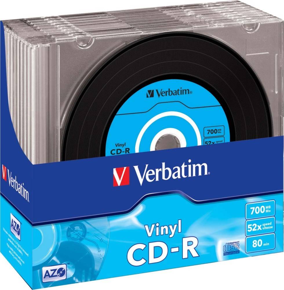 Schachtel mit Verbatim Vinyl CD-Rs, beschriftet mit '700 MB 80 min, 52x Geschwindigkeit'. Das Design ahmt eine Vintage-Schallplatte nach.