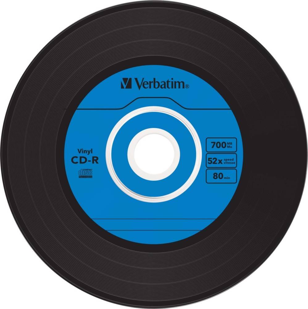 Eine Verbatim CD-R mit einem Vinylschallplatten-Aussehen, die den Text 'Vinyl CD-R' trägt und folgende Spezifikationen aufweist: 700 MB Kapazität, 52-fache Geschwindigkeit und 80 Minuten Spielzeit.