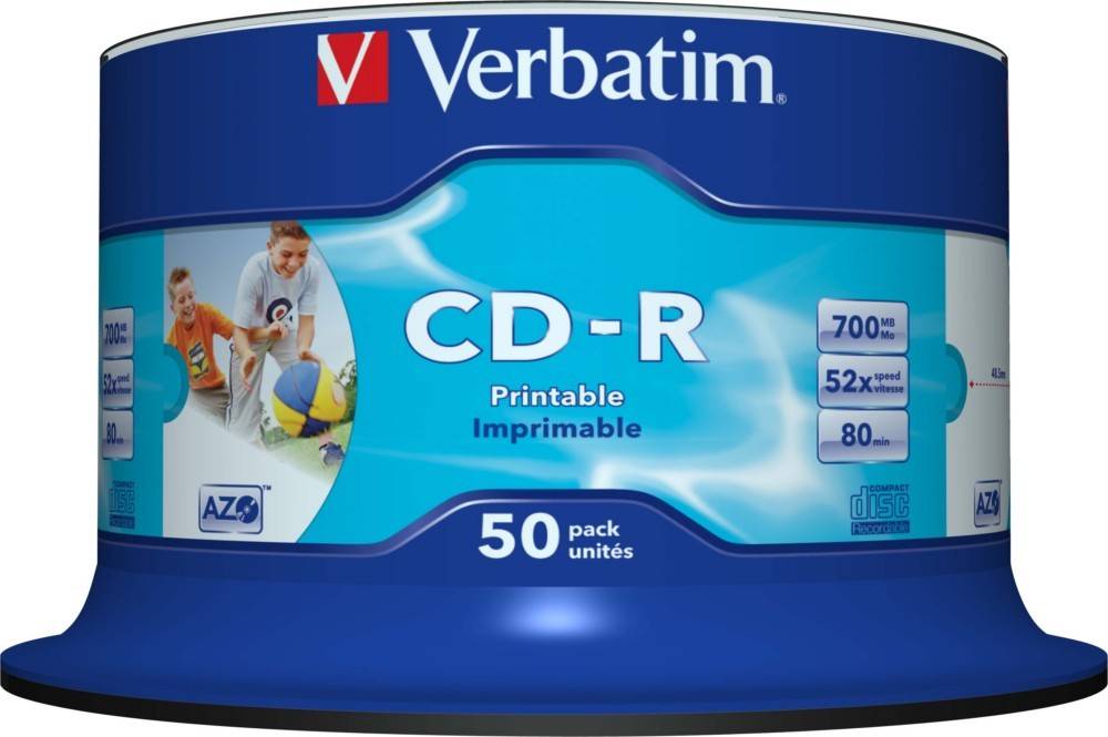 Eine Packung Verbatim CD-Rs, gekennzeichnet als bedruckbar und unlöslich, mit 700 MB Kapazität, 52-facher Geschwindigkeit und einer Spieldauer von 80 Minuten, 50er-Pack.