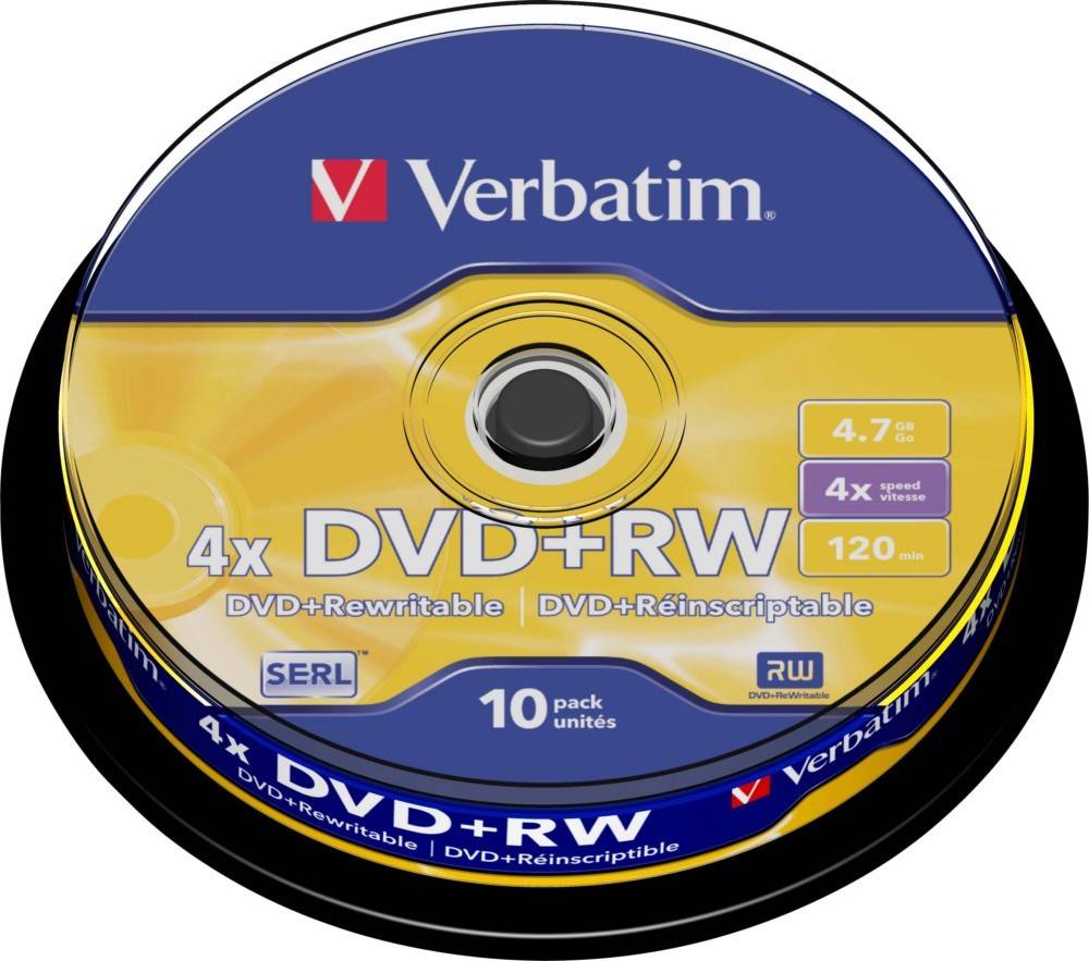 Ein Stapel von 10 Verbatim 4,7 GB DVD+RW Discs, beschriftet mit '4x DVD+Wiederbeschreibbar', mit Hervorhebung der Wiederbeschreibbarkeit und einer Kapazität von 120 Minuten.