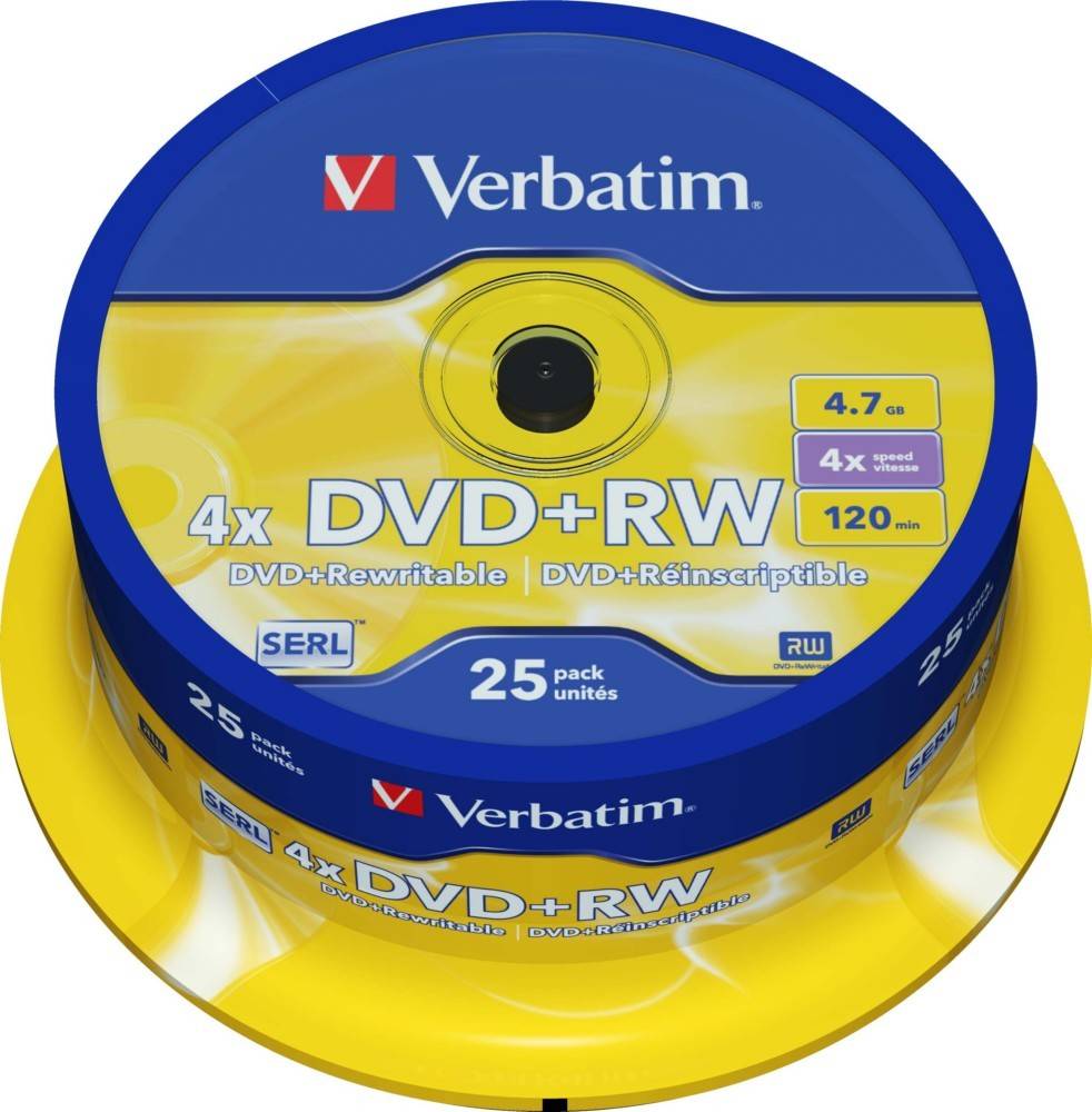 Verbatim DVD+RW 25er Spindel, 4,7 GB, 4-fache Geschwindigkeit. Etikett hebt 'Wiederbeschreibbar' und '120 Min' Dauer hervor.