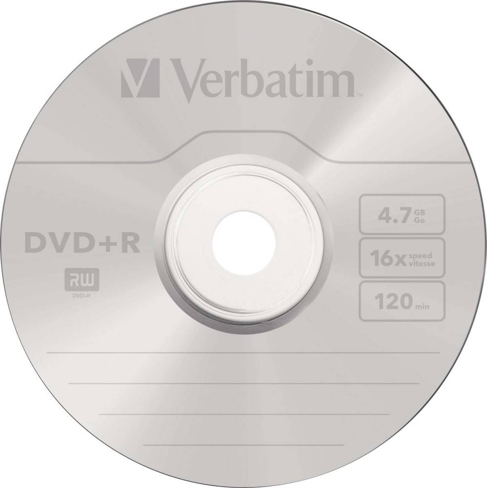 Eine silberne Verbatim DVD+R-Disc mit 4,7 GB Kapazität, 16-facher Geschwindigkeit und 120 Minuten Laufzeit, die auf der Oberfläche bedruckt ist.