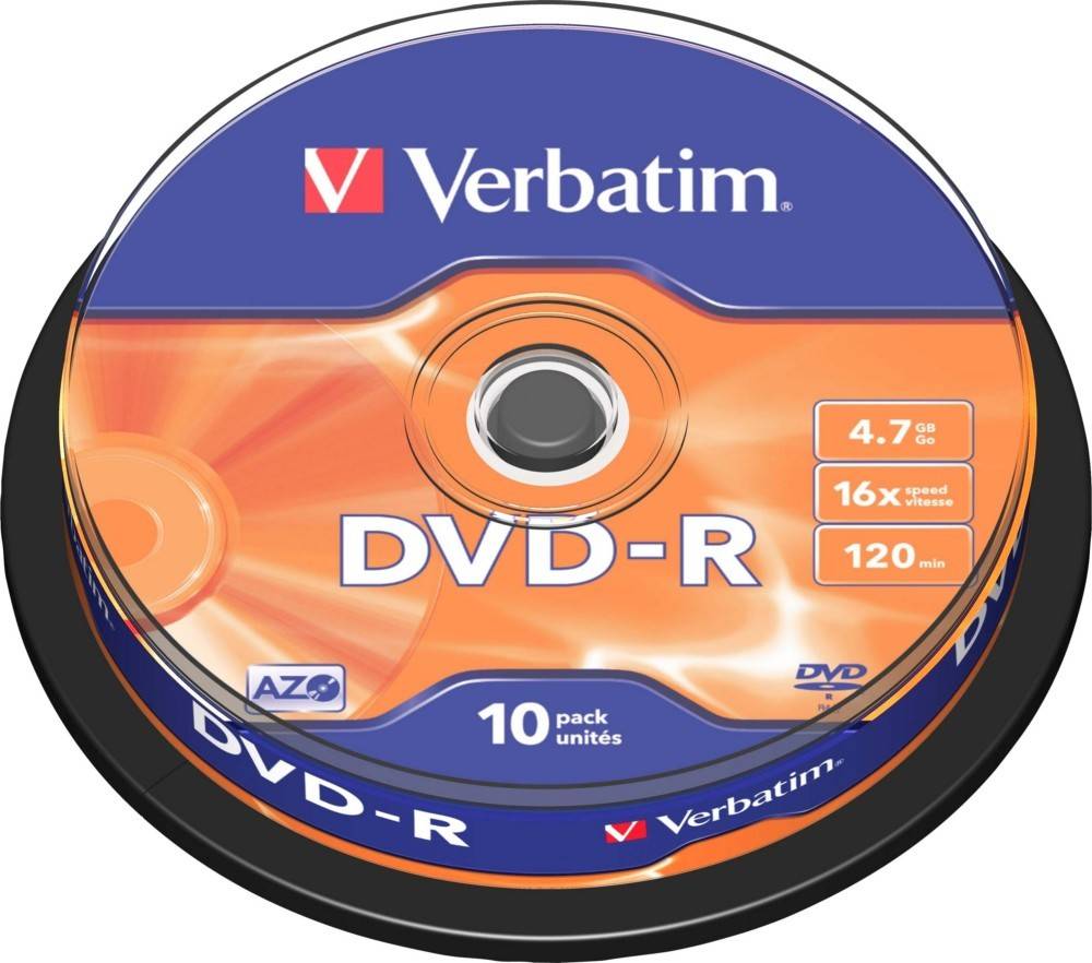 Verbatim DVD-R Disc, beschriftet mit Details: 4,7 GB Kapazität, 16-fache Geschwindigkeit, 120 Minuten. Orange und lila Design, Teil einer 10er-Packung.