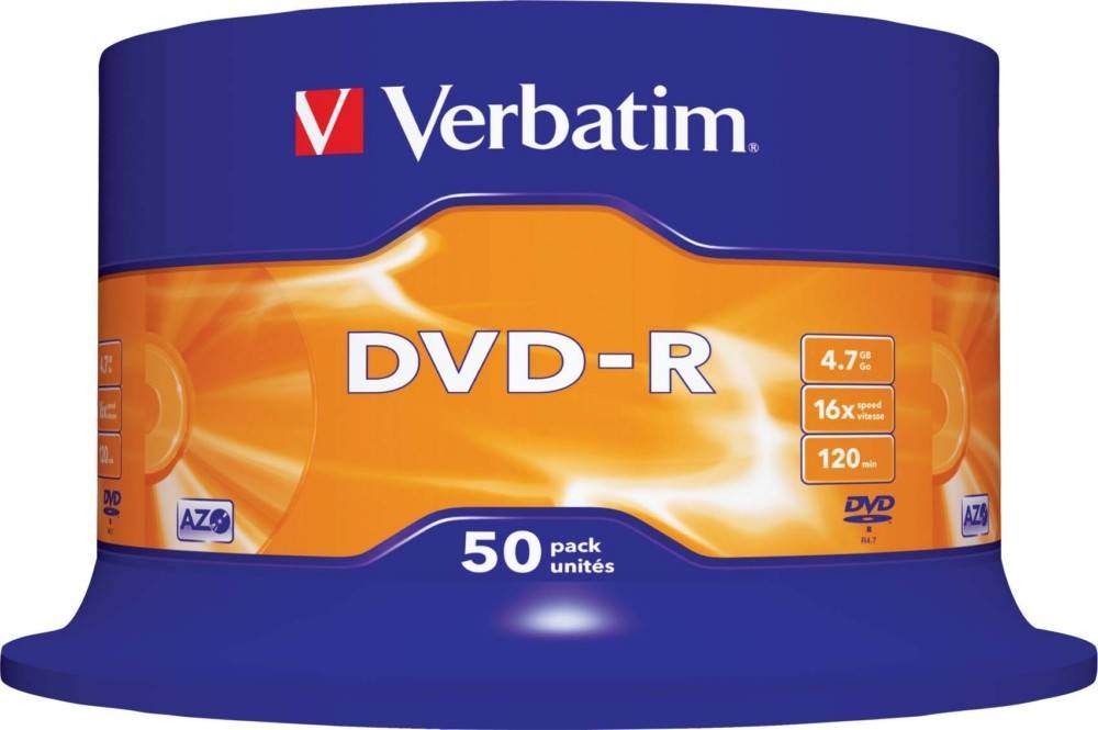 Verbatim DVD-R, 50er-Pack, 4,7 GB Kapazität, 16-fache Geschwindigkeit, 120 Minuten, präsentiert auf einer orange-blauen Verpackungsgestaltung.