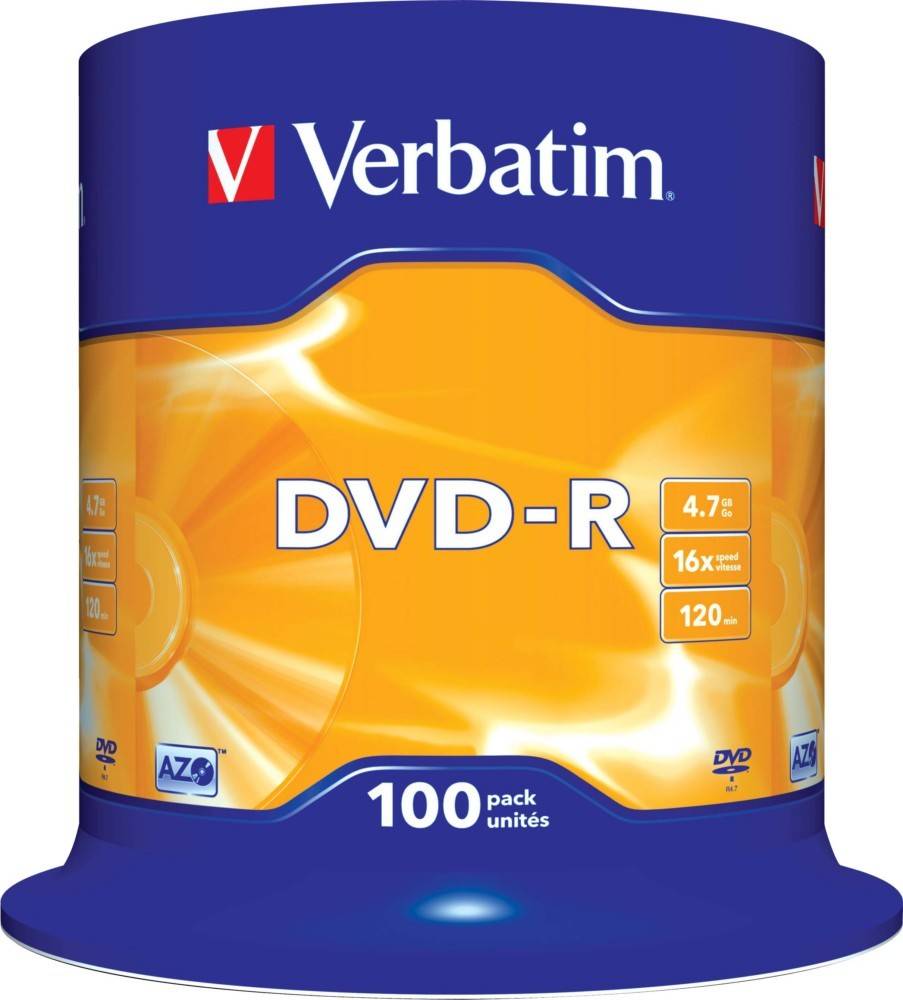Verbatim DVD-R Spindel mit 100 Scheiben, beschriftet mit '4,7 GB, 16x, 120 min', geeignet für Datenspeicherung und Videoaufnahmen.