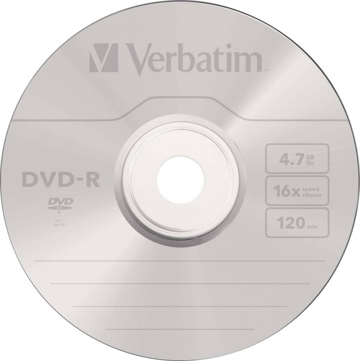 Eine silberne Verbatim DVD-R Disc mit '4,7 GB', '16-fach' und '120 Min' aufgedruckt, die Speicherkapazität, Geschwindigkeit und Dauer anzeigt.