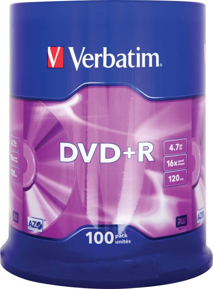Verbatim DVD+R 100er Pack' auf lila Verpackung, mit Hervorhebung von '4,7 GB', '16-fach Geschwindigkeit', '120 Min'.