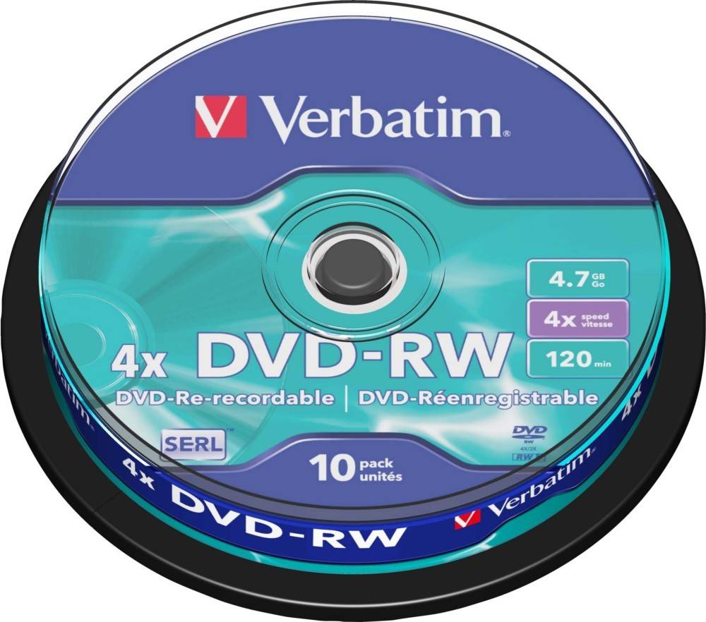 Verbatim DVD-RW-Disc mit 4-facher Geschwindigkeit, 4,7 GB Kapazität, 120-minütiger Aufnahmezeit. Enthält Etikett mit 'DVD-Wiederbeschreibbar'.