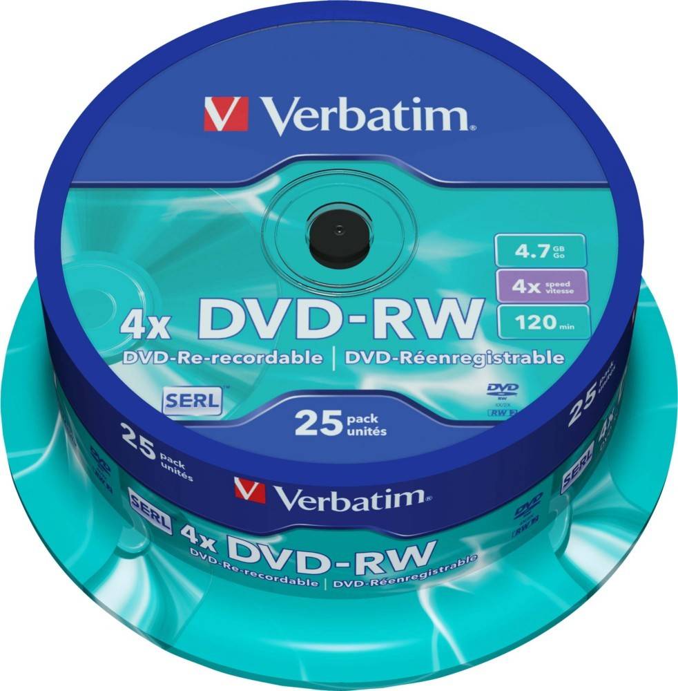 Spindel mit Verbatim 4x DVD-RW Discs, 25er Pack, 4,7 GB, 120 Minuten, für Datenspeicherung oder Videoaufnahmen, in blauer und petrolgrüner Verpackung.