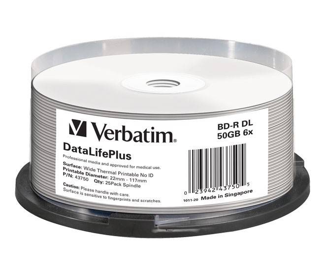 Eine Spindel mit Verbatim DataLifePlus BD-R DL Discs, 50 GB Kapazität, 6-fache Geschwindigkeit, bedruckbare Oberfläche, Verpackung zeigt medizinische Nutzungskompatibilität.