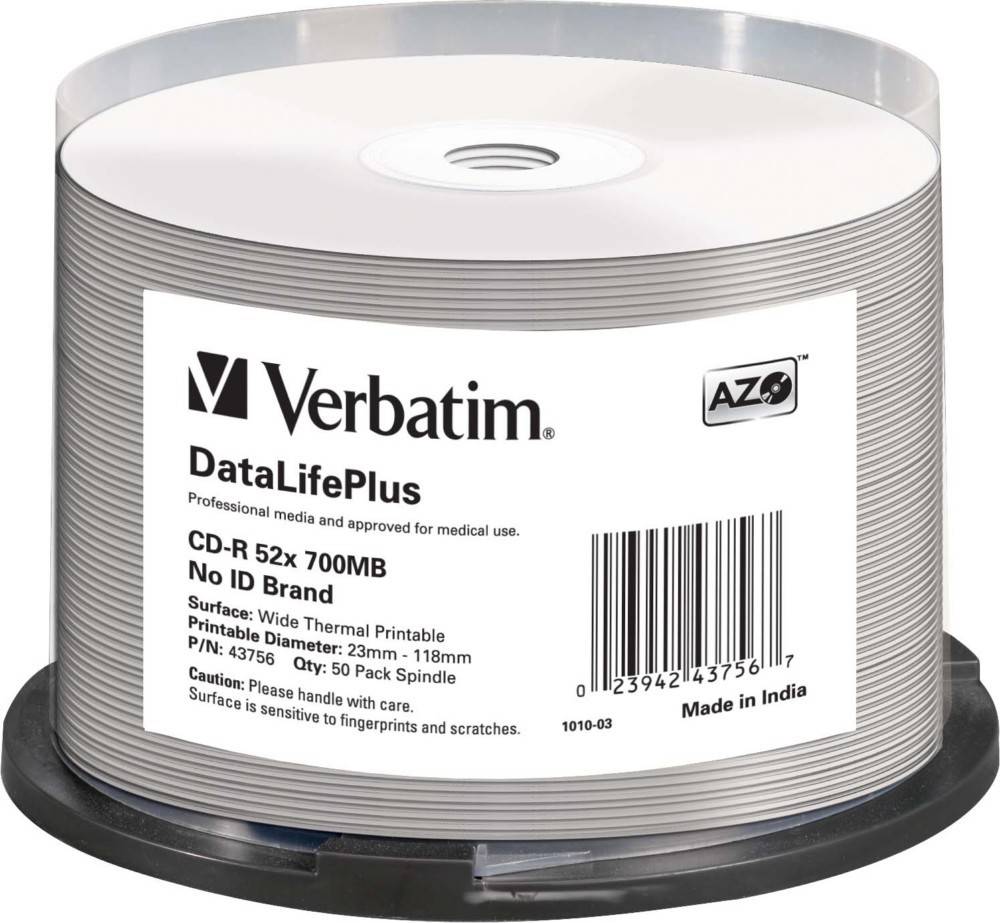 Stapel von Verbatim DataLifePlus CD-R Scheiben, 52-fache Geschwindigkeit, 700 MB Kapazität, breiter thermischer Druck möglich, 50er Spindel, hergestellt in Indien.