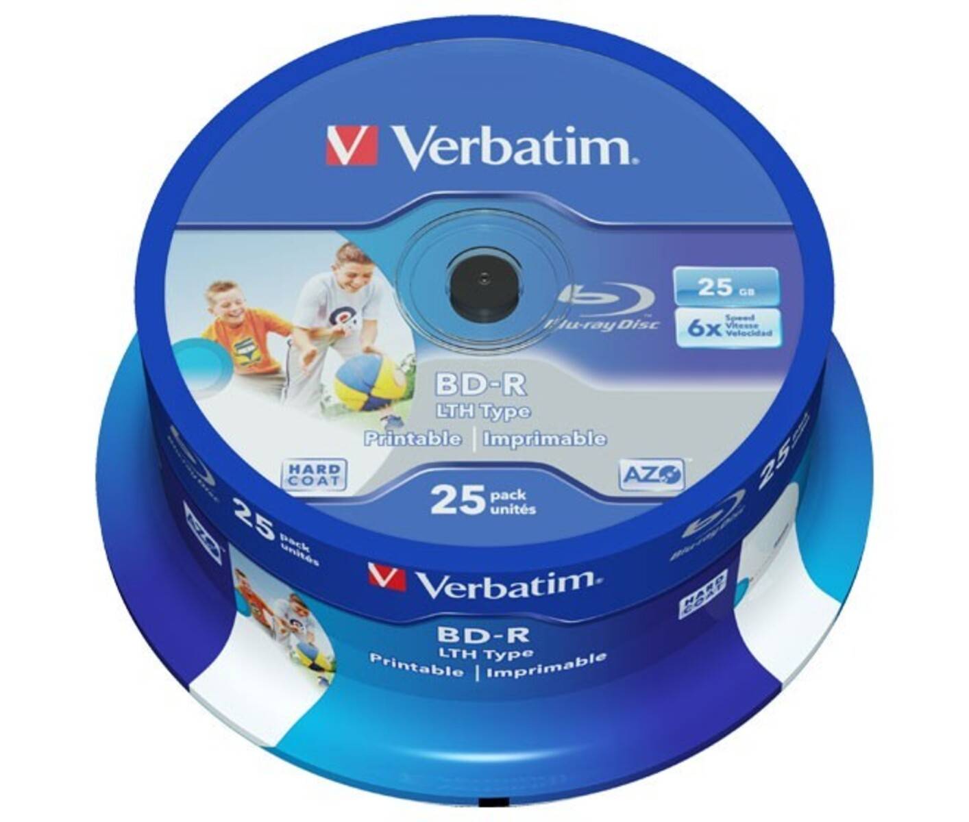 Verbatim BD-R LTH 25er-Pack Blu-ray-Discs in blauer Spindel-Verpackung, gekennzeichnet mit '25 GB' und '6x Geschwindigkeit max.', mit bedruckbarer Oberfläche und Hartbeschichtung.