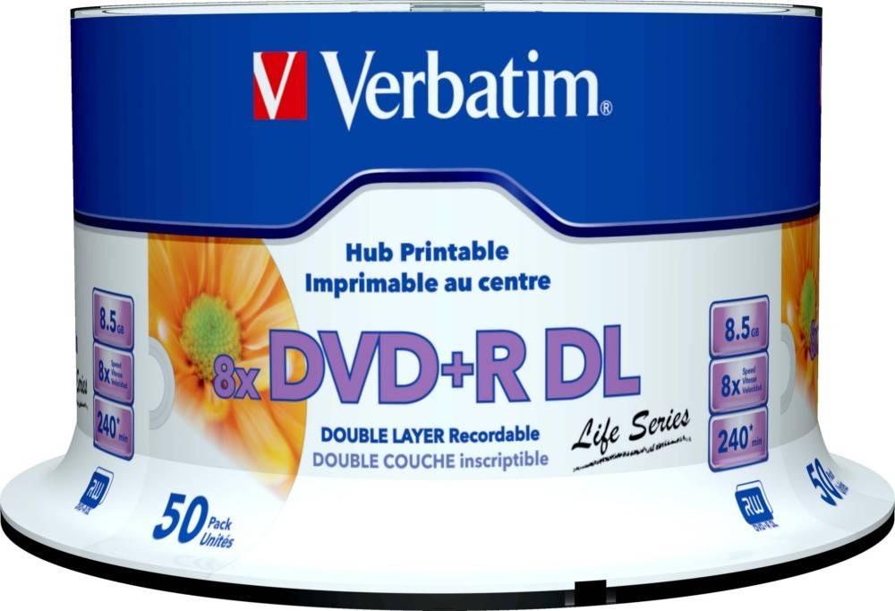 Verbatim DVD+R DL Scheiben-Pack. Hub bedruckbar. 8-fache Geschwindigkeit, 8,5 GB, Dual Layer, Life Series. Enthält 50 Scheiben. Verpackungsdesign mit gelber Blume.