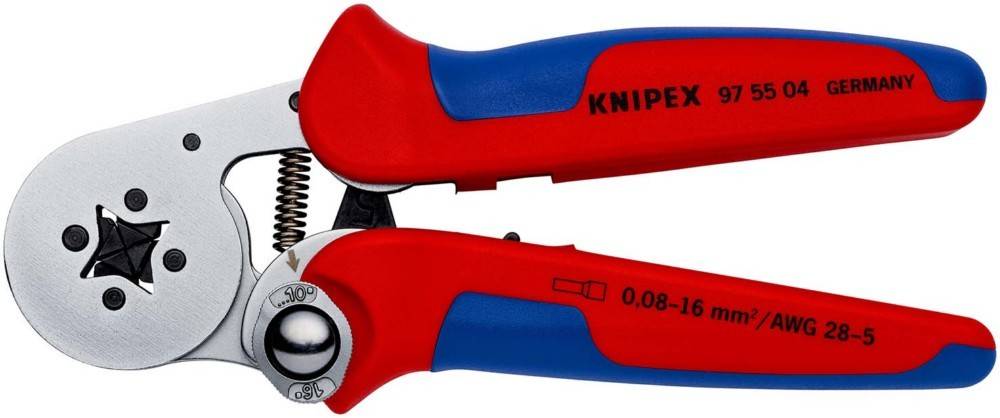 Ein rot und blau gefärbtes KNIPEX-Crimpwerkzeug mit Metallbacken, gekennzeichnet mit '97 55 04 DEUTSCHLAND' und '0,08-16 mm²/AWG 28-5'.