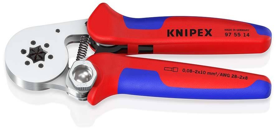 Nahaufnahme eines roten und blauen KNIPEX-Abisolierwerkezeugs mit einem runden Schneidekopf und federbelasteten Griffen, dargestellt auf weißem Hintergrund.