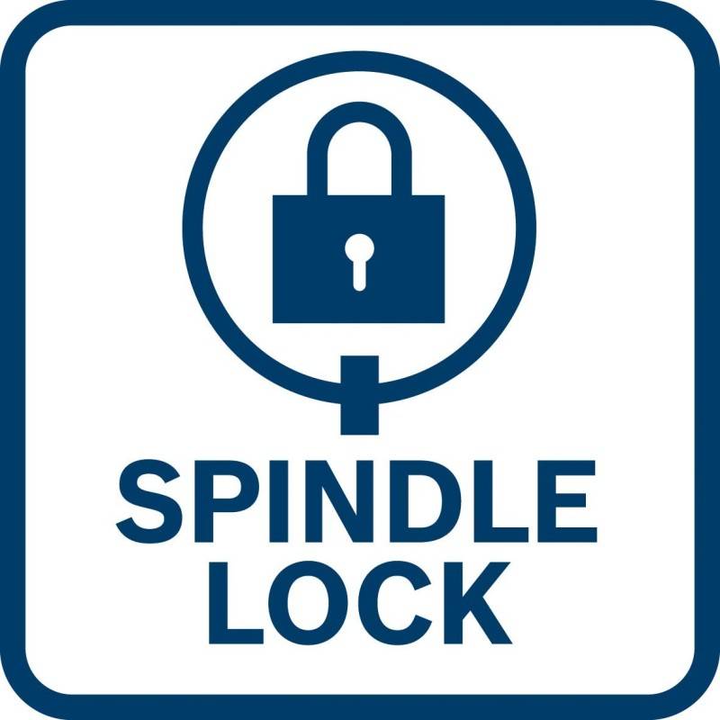 Blaues 'SPINDLE LOCK' Sicherheitssymbol mit einem Vorhängeschloss in einem kreisförmigen Symbol auf einem weißen quadratischen Schild.