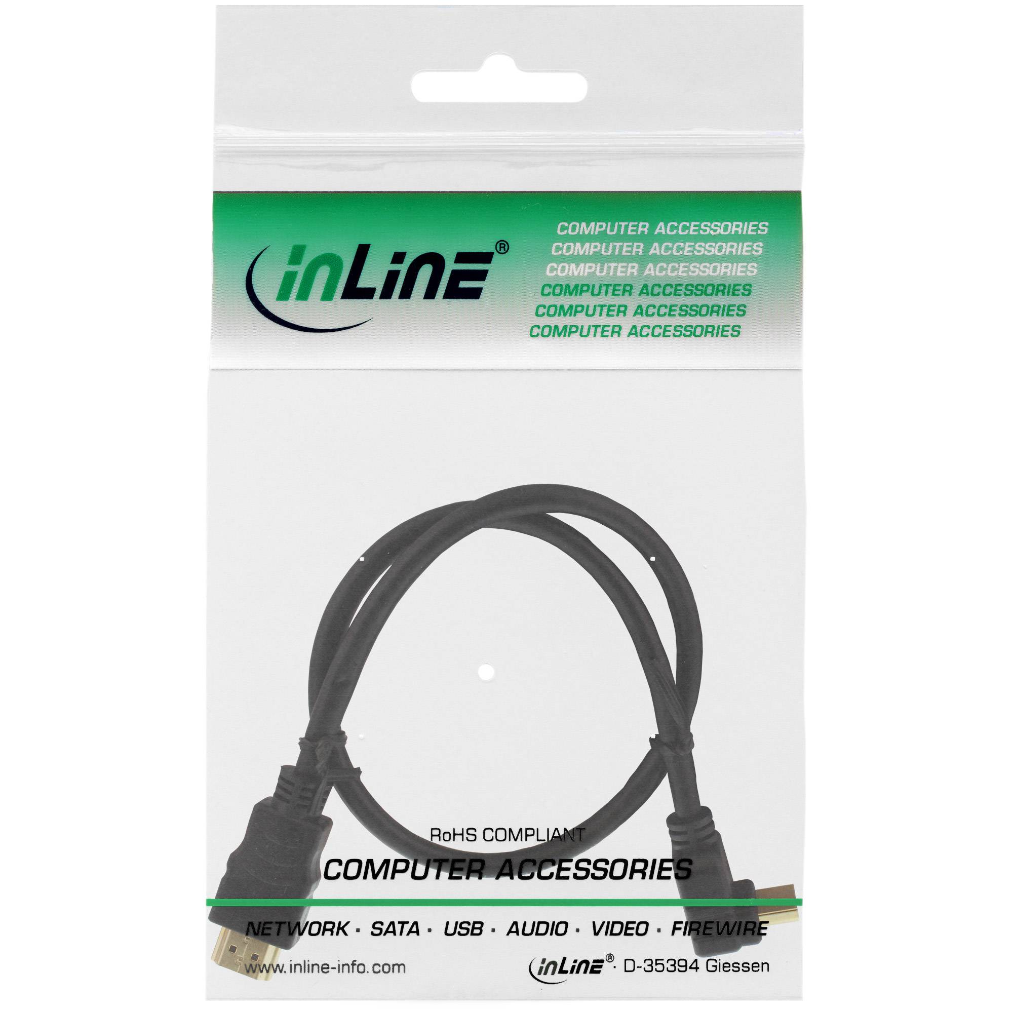 INLINE - HDMI HS Kabel - gewinkelt - mit Eth. - ST / ST - verg. Kont. - schwarz - 0,5m