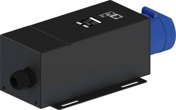 Ein schwarzes rechteckiges elektronisches Gerät mit Anschlüssen und Beschriftungen auf der Oberseite, konzipiert für den Einsatz in elektrischen Systemen oder Installationen.