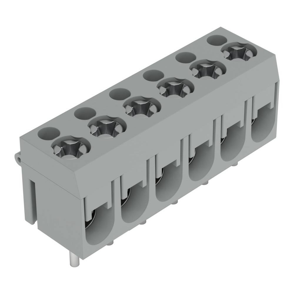 Ein grauer Schraubklemmenblock mit sechs Positionen, der zur Befestigung von elektrischen Leitungen verwendet wird und die Drahteinführungspunkte und Schrauben von oben zeigt.