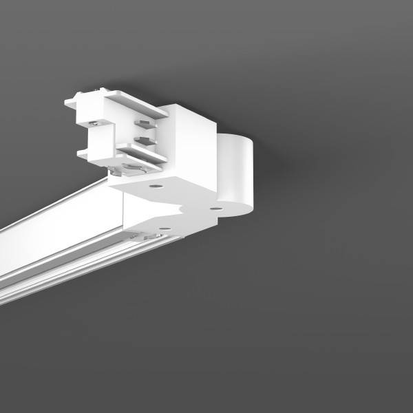 Weißer Schienenschienenleuchten-Stecker montiert auf einer Deckensch​iene vor einem grauen Hintergrund.