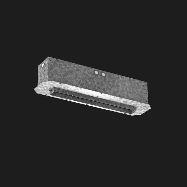 Grau metallische rechteckige Wandhalterung oder Befestigungsvorrichtung mit mehreren Schraubenlöchern, auf dunklem Hintergrund dargestellt.
