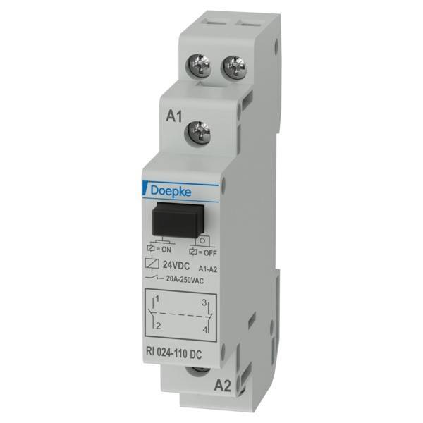 Doepke Relaisschalter, beschriftet mit 24VDC, 20A-250VAC, mit Ein-/Aus-Schalter. Klemmen mit A1, A2 gekennzeichnet und Schaltplan auf der Vorderseite.