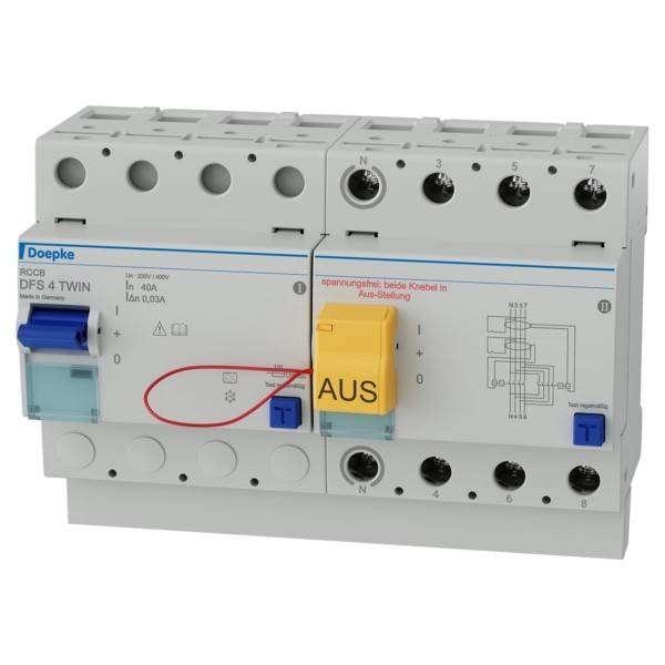 Ein elektrischer Leistungsschalter mit einem gelben Schalter, der mit 