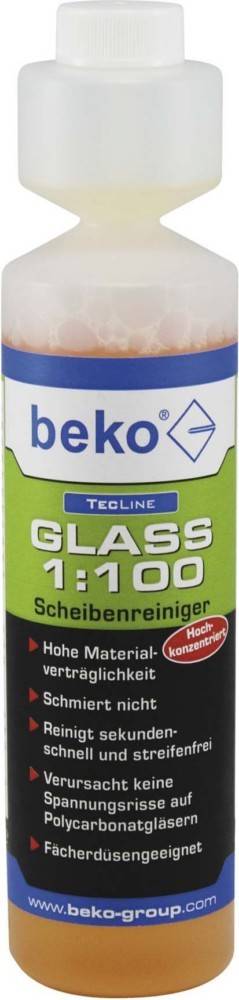 Flasche BEKO TECLINE GLASS 1:100 Glasreiniger mit deutschem Etikett, frontal dargestellt mit Produktname und Reinigungsvorzügen.