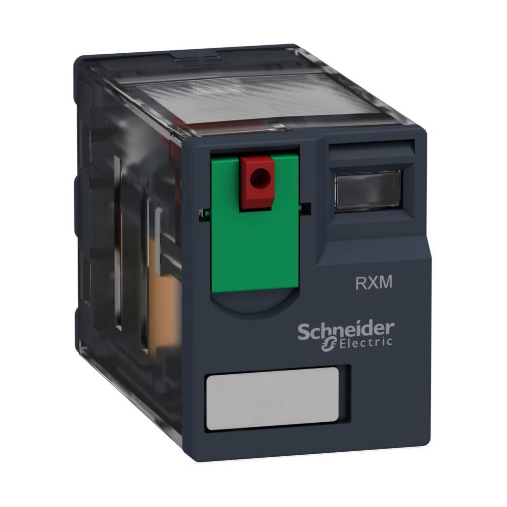 Ein kompaktes Schneider Electric Relais mit transparentem Gehäuse, das die Innenkomponenten zeigt. Grüne und rote Tasten befinden sich an der Vorderseite.