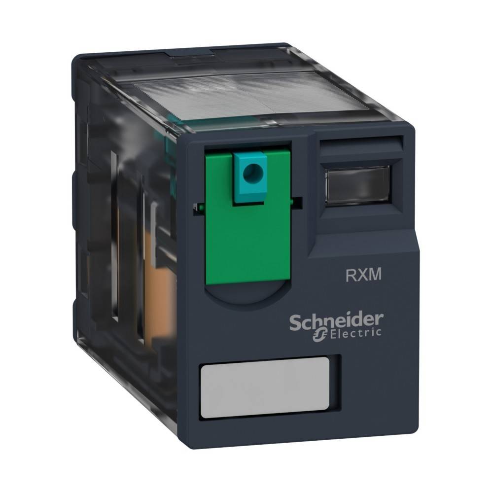 Ein Relaisschalter von Schneider Electric, Modell RXM, mit grünem und schwarzem Gehäuse, entwickelt für elektrische Anwendungen.