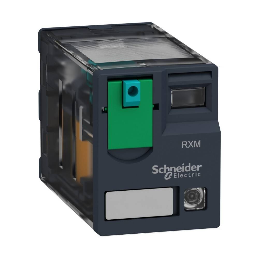 Ein Schneider Electric Relais mit einem grünen Knopf und transparentem Gehäuse, beschriftet mit 'RXM'.