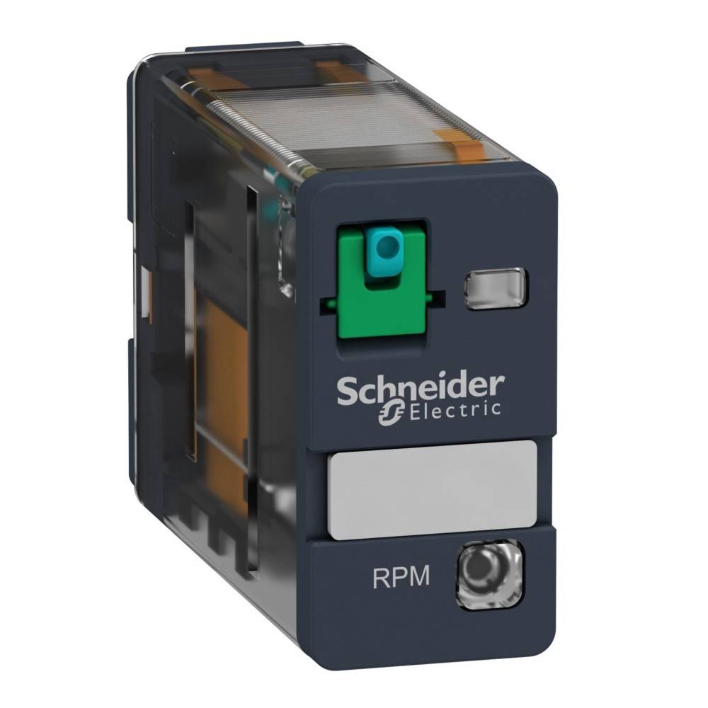 Ein Schneider Electric Relais, Modell RPM, mit grüner Taste und transparentem Gehäuse, entwickelt für elektrische Steuerungsanwendungen.