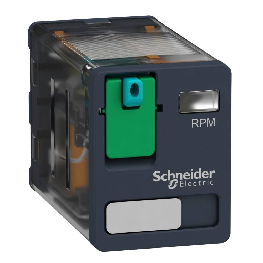 Ein Schneider Electric RPM-Relais mit rechteckiger Form, einem grünen Schalter und Produktkennzeichnung an der Seite.