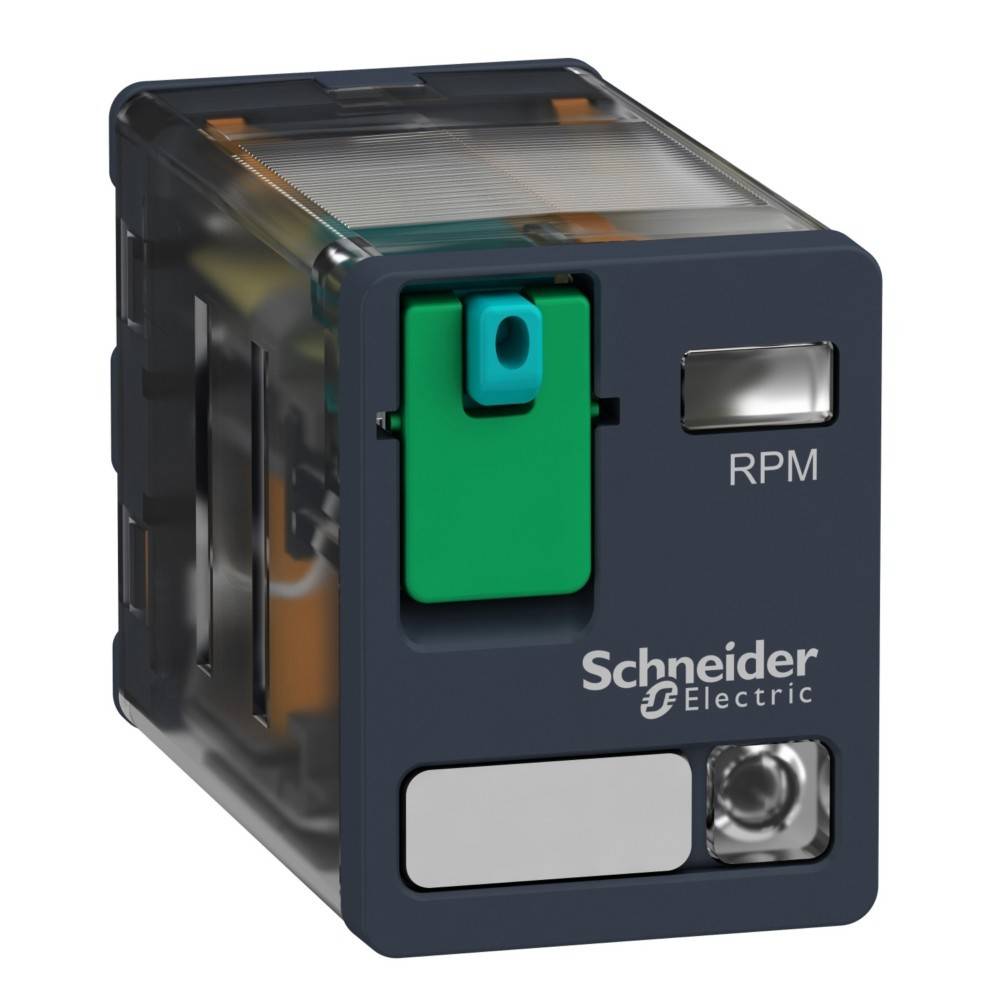 Eine transparente Schutzrelaisbox mit einem sichtbaren grünen Schalter, beschriftet mit 'Schneider Electric' und 'RPM', verwendet für elektrisches Management.