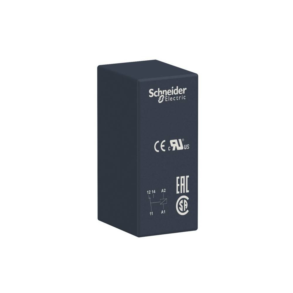 Ein schwarzer rechteckiger Schneider Electric Relais mit Zertifizierungen und Schaltplan an der Seite, verwendet zur elektrischen Schaltkreissteuerung.