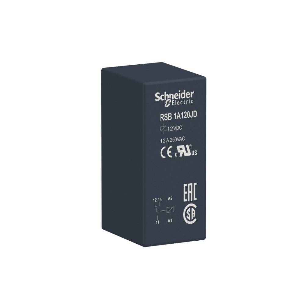 Ein schwarzes Schneider Electric Relais mit der Bezeichnung 'RSB 1A120JD', '12VDC 1.2A 250VAC', mit Zertifizierungssymbolen an der Seite.