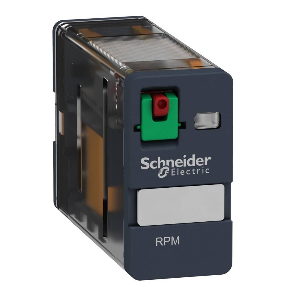 Schneider Electric Relais mit schwarzem Gehäuse, klarer Kunststofffront, rotem und grünem Knopf und 'RPM'-Beschriftung.