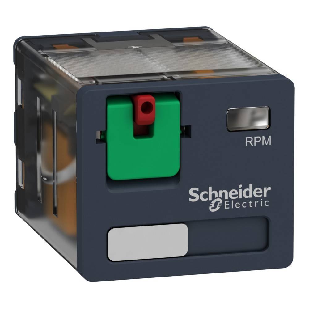 Schriftzug ‚Schneider Electric' auf einem dunkelgrauen Gerät mit sichtbaren grünen und roten Schaltern, beschriftet mit ‚RPM'.