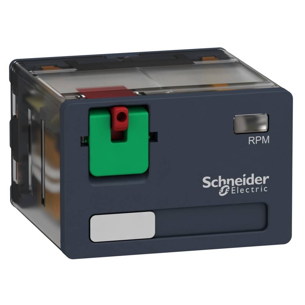Schneider Electric Relaismodul mit einem schwarzen Gehäuse, grünen und roten Tasten, gekennzeichnet mit 'RPM'. Verwendet für elektrische Steuerungssysteme.