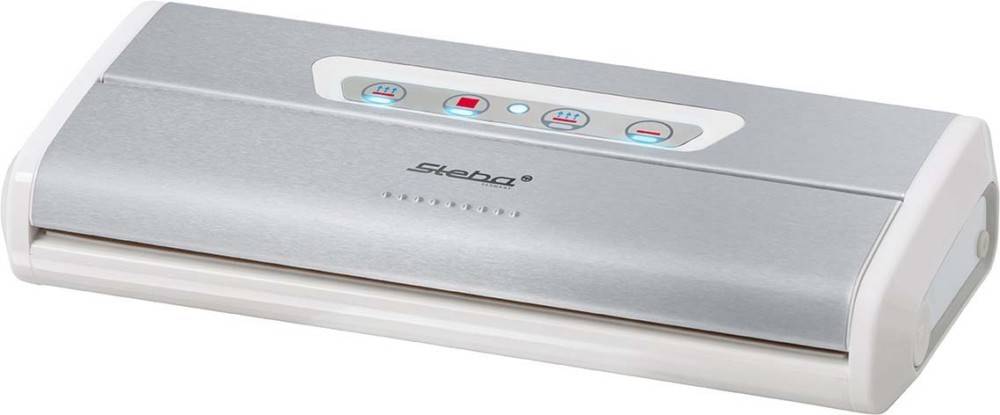 Ein silberner Vakuumversiegler mit Steuerungstasten oben, einschließlich Ein/Aus- und Versiegelungsoptionen. Die Marke 'Steba' ist auf der Oberfläche sichtbar.