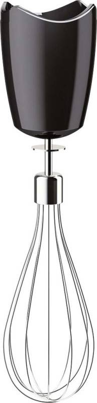 Ein metallfarbener Schneebesen mit einem eleganten Griff und mehreren Drahtwedeln, konzipiert zum Mischen und Aufschlagen von Zutaten.