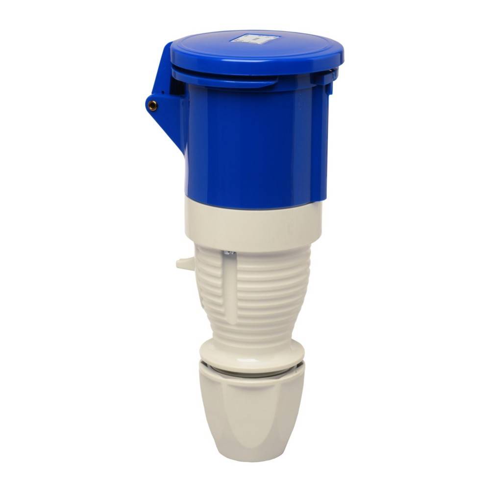 Ein blau-weißer industrieller elektrischer Steckverbinder mit robustem Kreisdesign und Schutzabdeckung, der häufig für Stromverbindungen verwendet wird.