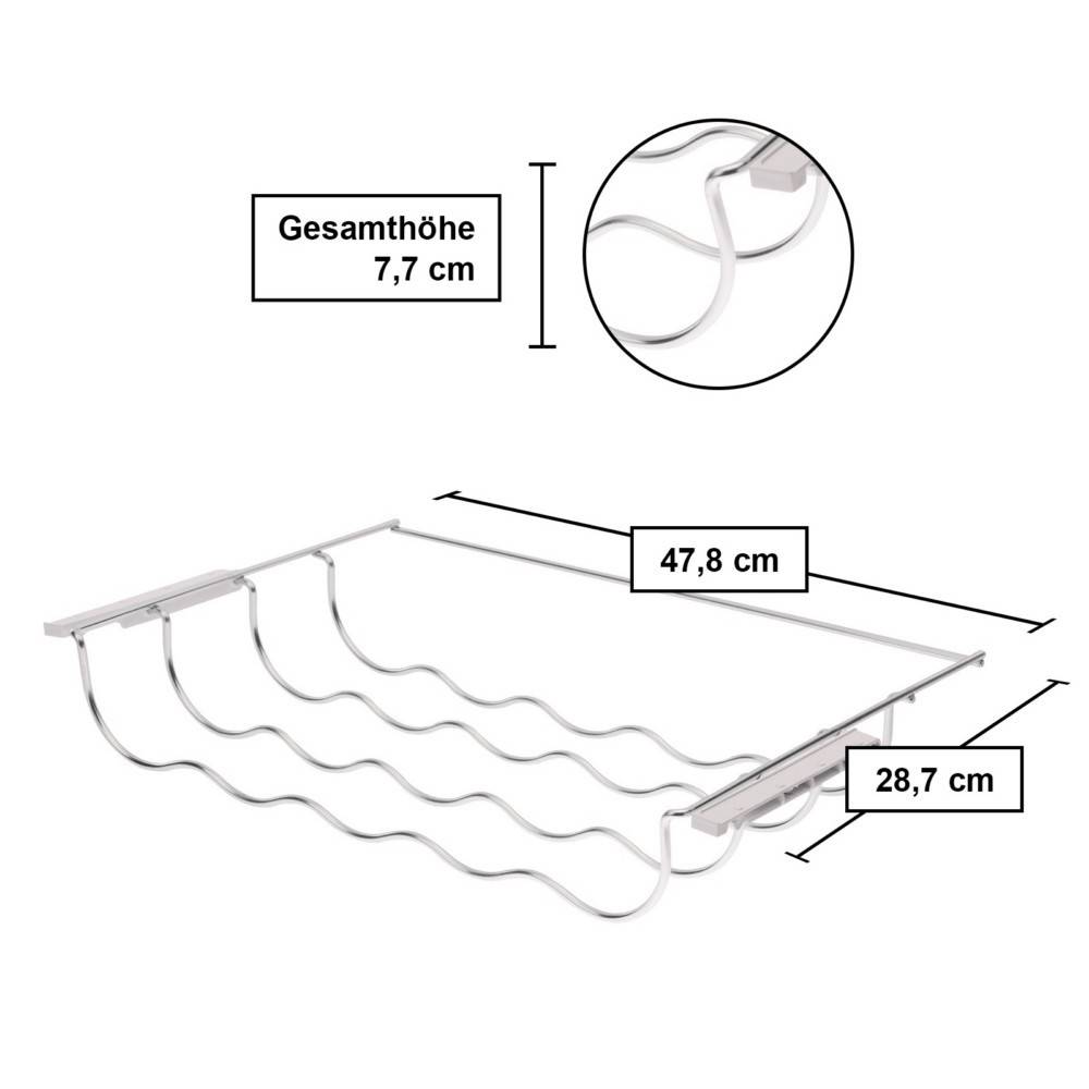 Diagramm eines Weinregals mit Abmessungen: Gesamthöhe 7,7 cm, Länge 47,8 cm und Tiefe 28,7 cm.