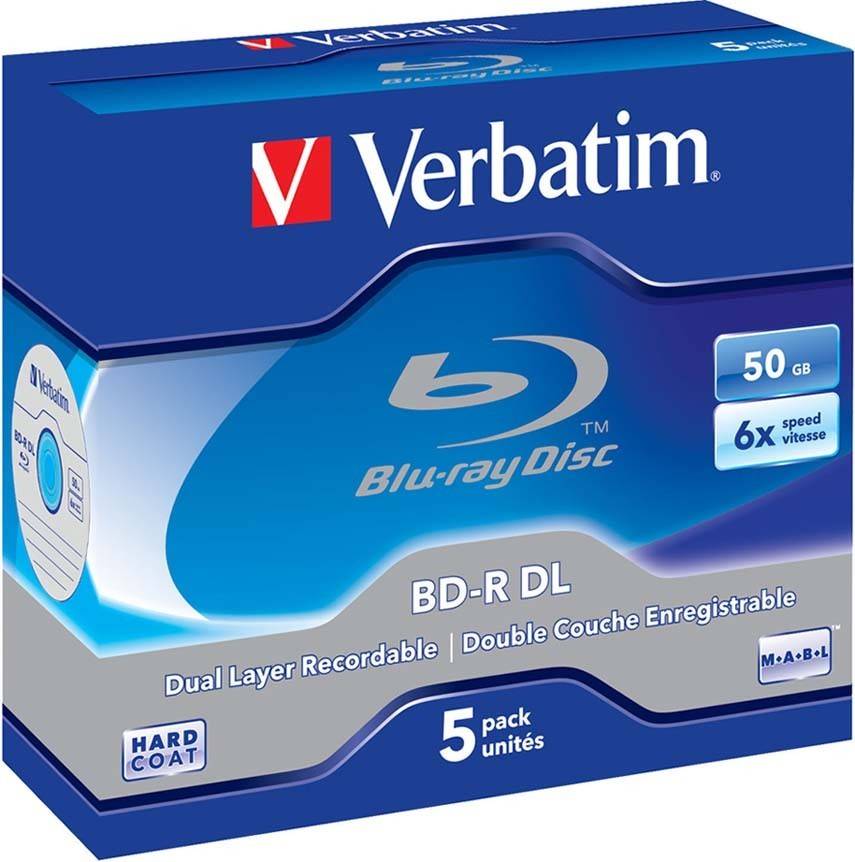Verbatim Blu-ray Disc-Pack, 50 GB Dual Layer beschreibbar, 6-fache Geschwindigkeit. Enthält fünf Disc.
