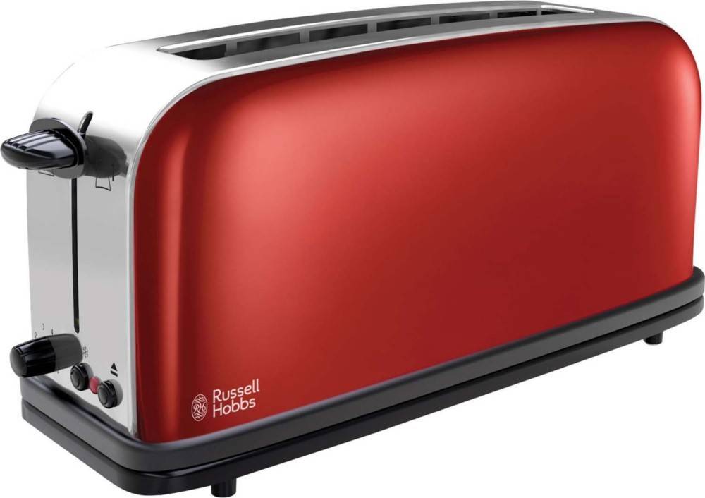 Ein roter Toaster mit glänzender Metalloberfläche, von der Marke 'Russell Hobbs'.