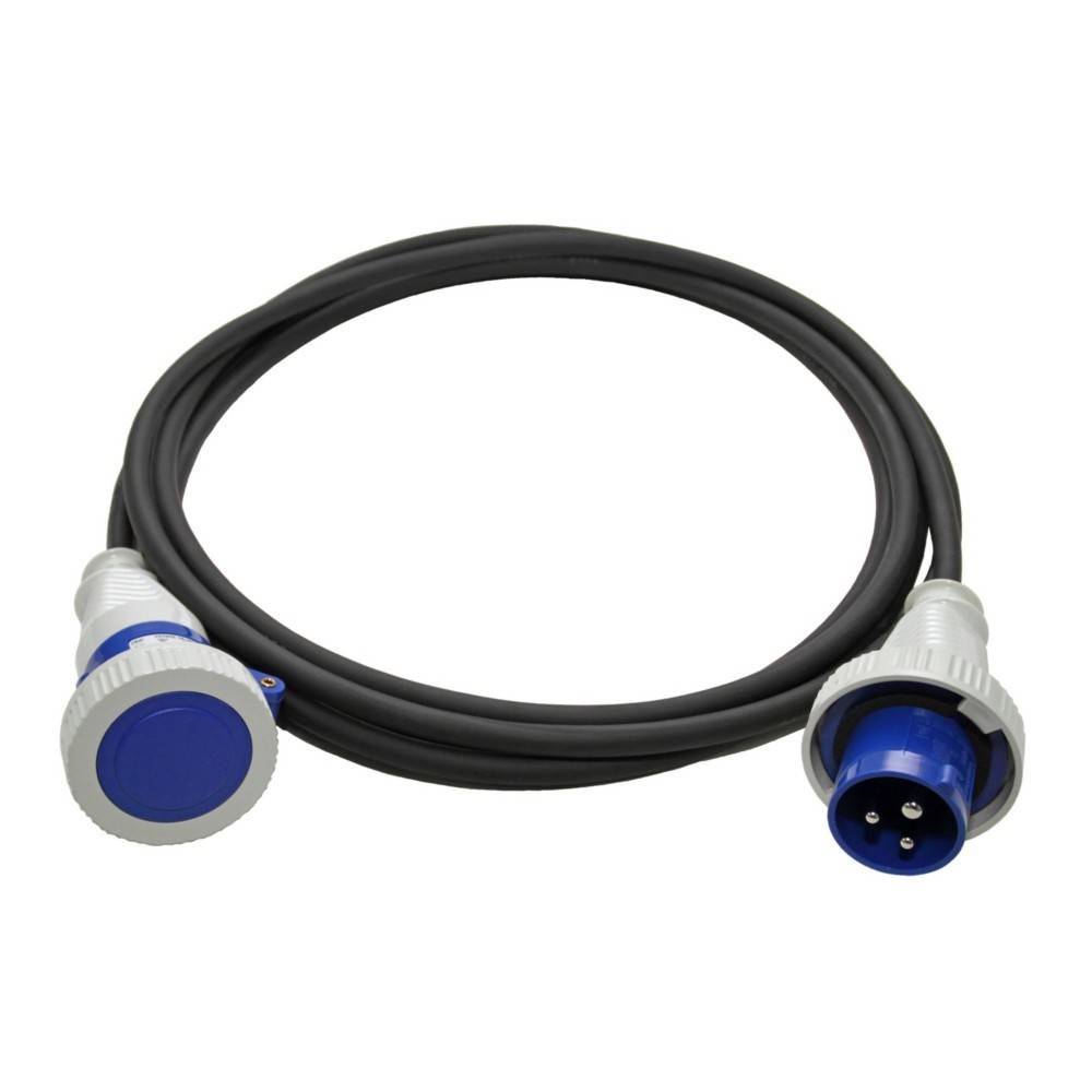 Ein blau-grau meliertes Elektrokabel mit einem runden Stecker an jedem Ende, ordentlich aufgerollt.