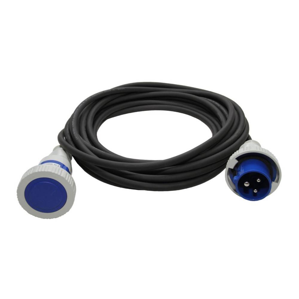 Ein gewickeltes schwarzes Elektrokabel mit blauen und grauen Steckern an beiden Enden, das für Stromverbindungen verwendet wird.