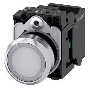 Industrieller Druckschalter mit silbernem Metallbetätiger und schwarzem Siemens-Gehäuse auf weißem Hintergrund.