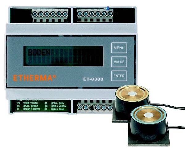 ET-8300-Bedienfeld zeigt das Wort 'BODEN'. Zwei runde Sensoren angeschlossen, was darauf hindeutet, dass es sich um ein Temperaturüberwachungssystem handelt.